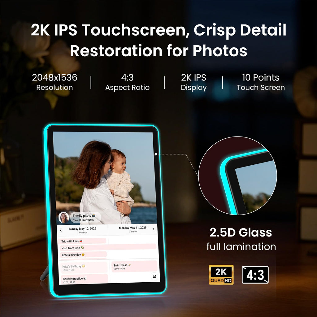 10" Neon Light Digital Picture Frame, Desk Digital Calendar, Auto-synced Schedule via Frameo App - 2K IPS Touchscreen