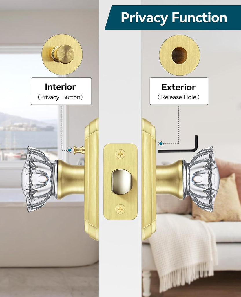 Glass Door Knobs, Privacy Gold Door Knob Interior, 1 Pack