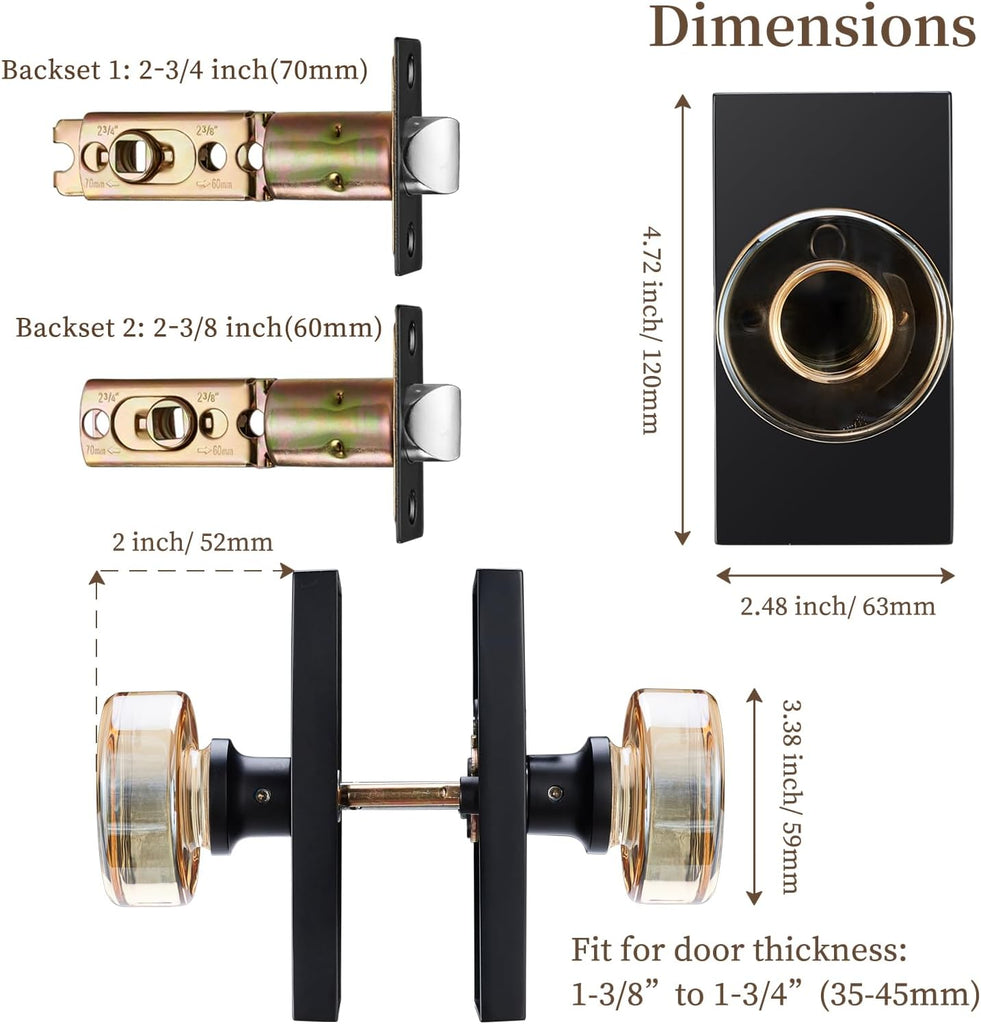 Champagne Crystal Glass Passage Door Knob, Fixed 2-3/8" Backset