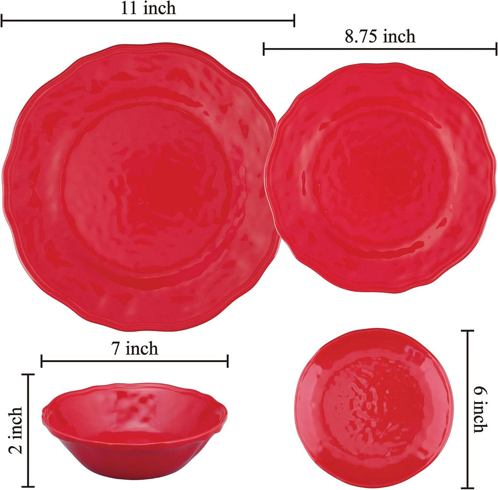 16 Piece Holiday Red Melamine Dinnerware Sets, Outdoor Dishes Set, Plates and Bowls Sets, Christmas Decorations