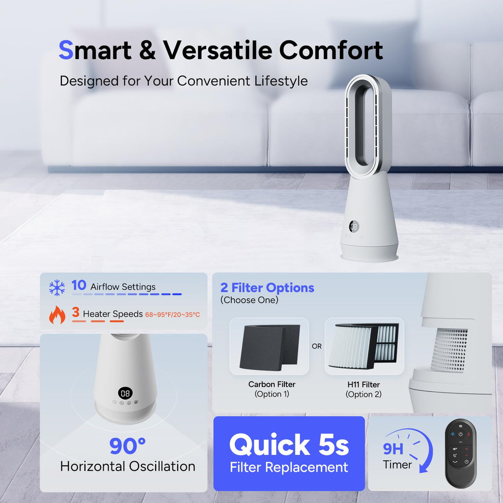3-in-1 Bladeless Fan Combo, 22" Bladeless Tower Fan with Air Purifier, 90° Oscillating Fast Heating & Cooling, Remote