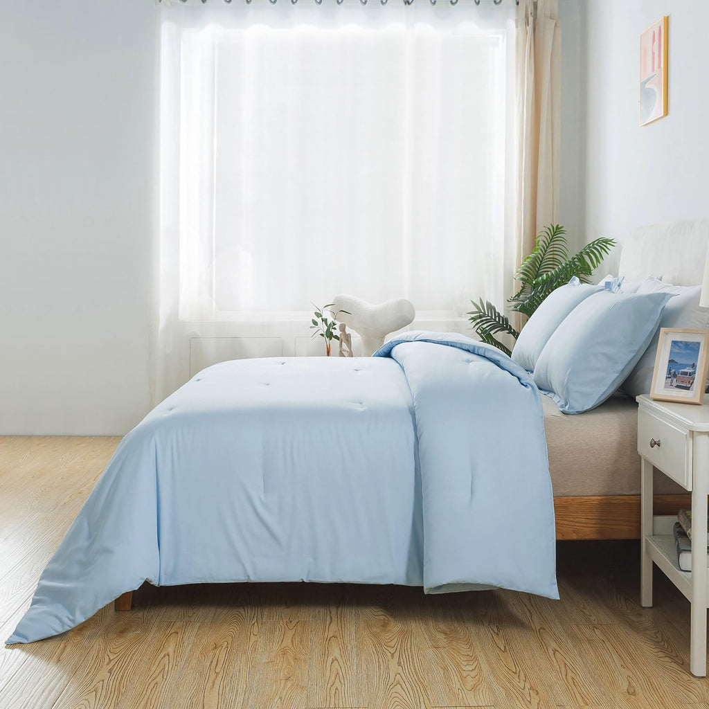 Light Blue Comforter Set Twin Size, Solid Lightweight Down Alternative Soft Boho Bedding Comforter Set, Breathable