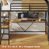 Loft Bed Twin with Hall Tree, Charging Station and LED Lights, Metal Loft Bed with L-Shaped Desk, 5 Storage Drawers