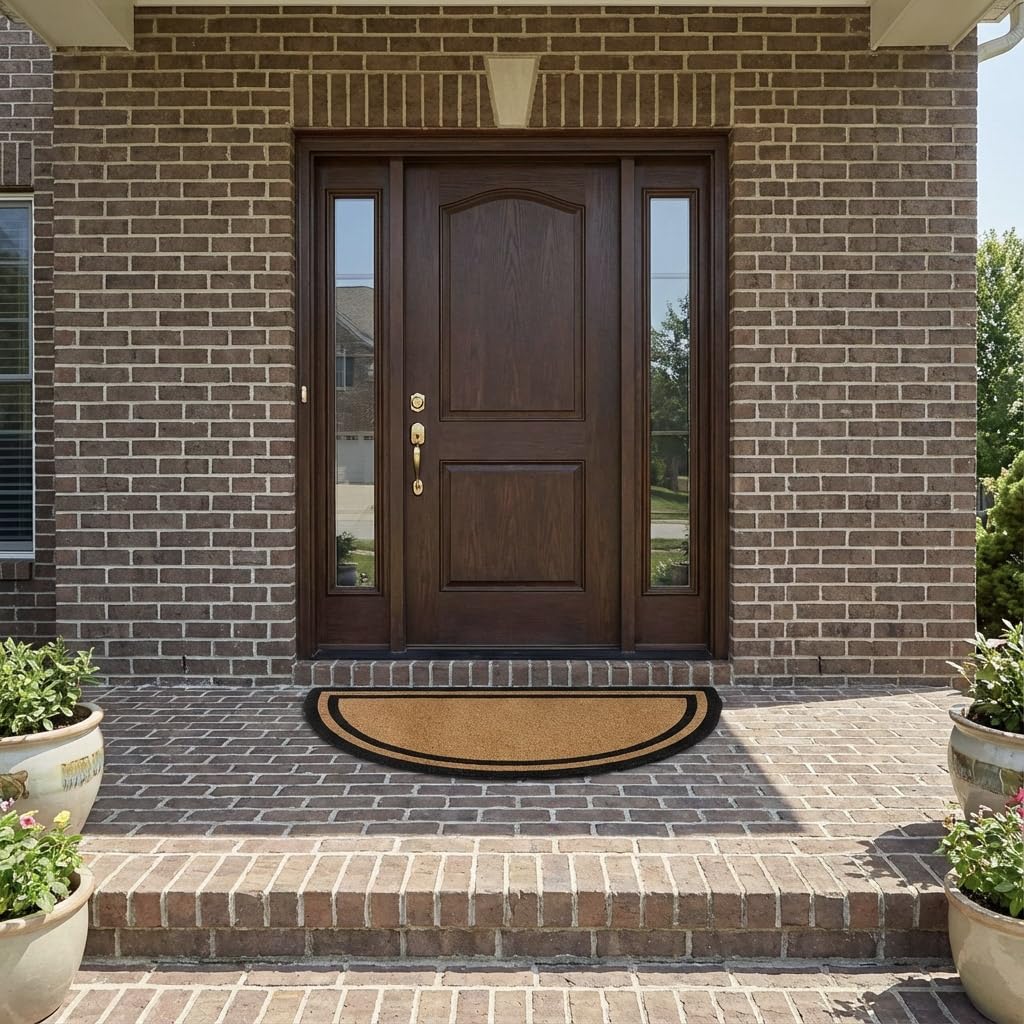 Half Round Black Border Coco Coir Door Mat, 30" x 60", Woven Backed, Heavy Duty Outdoor, Natural Fiber Entrance Mat