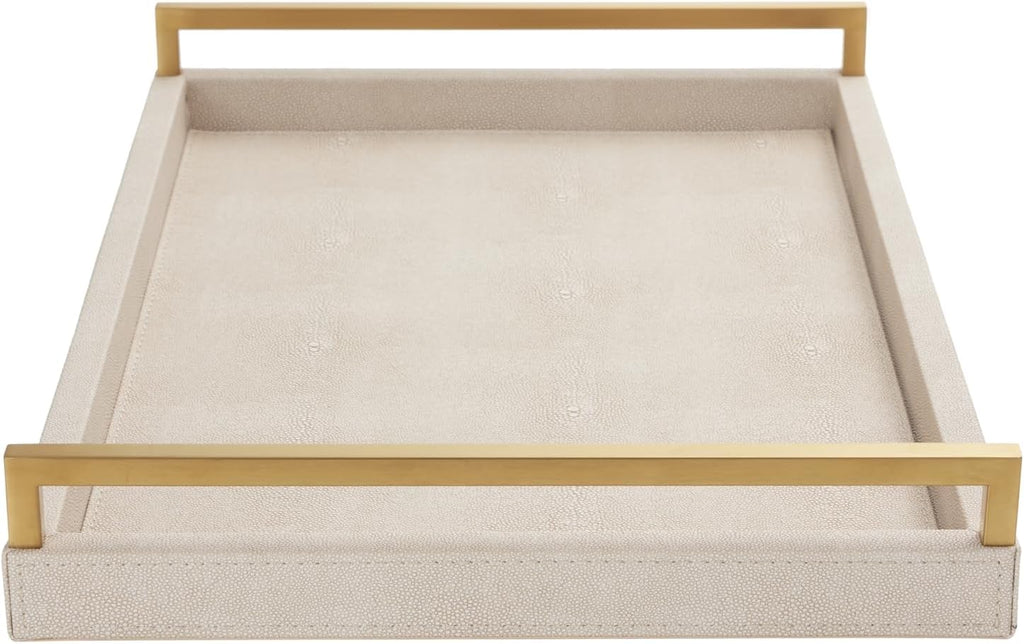 Ivory Shagreen Leather Serving Tray with Gold Handles-17.7x11.8 Inch Large Wooden Decorative Ottoman Tray fro Coffee