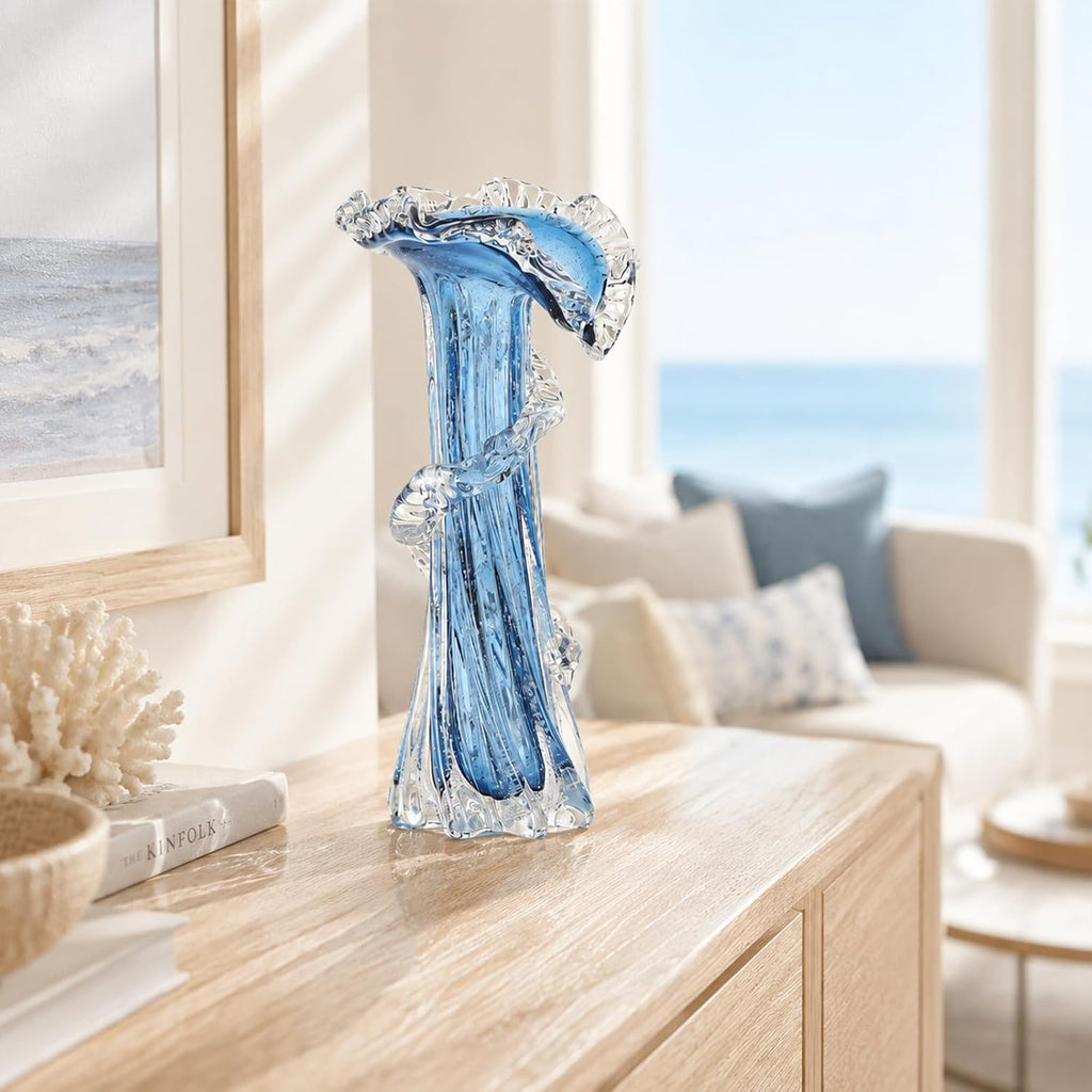 Blue Clear Wave Vases Gradient, Murano Hand Blown Glass Vase Unique Art Decorative, for Ocean Themed Coastal Home