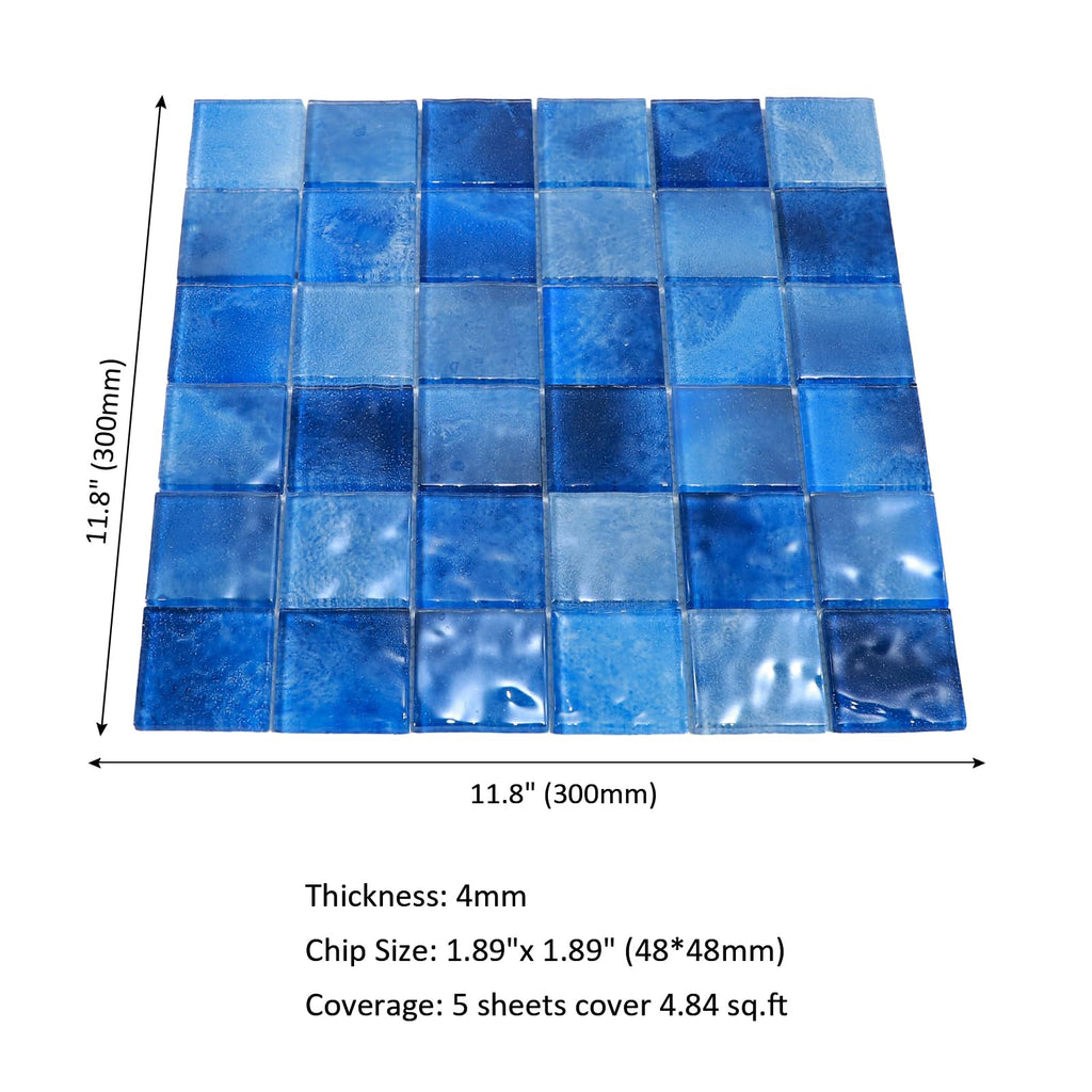 Glass Mosaic Tiles Backsplash, 12" x 12" Dark Blue 3D Wave Texture Square Tiles for Swimming Pool Accent Wall