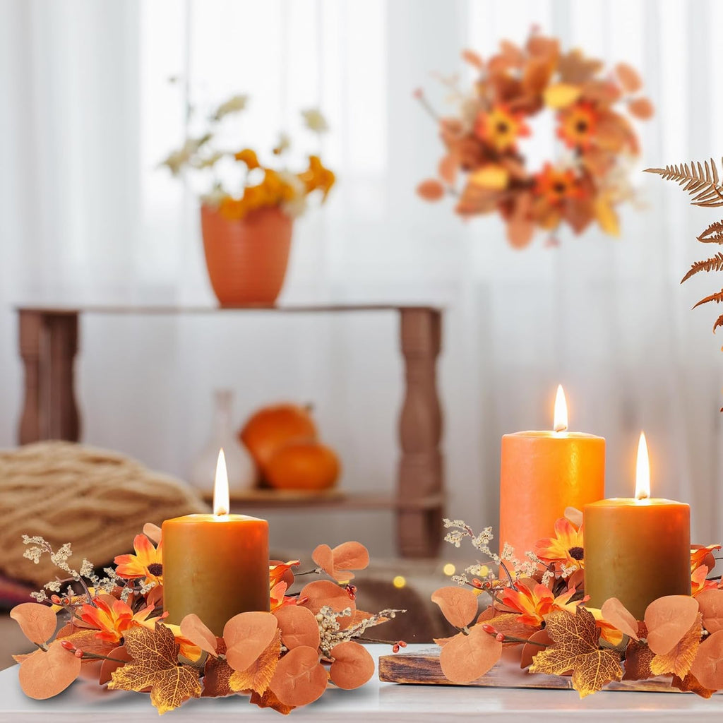 Fall Floral Candle Rings Wreaths Autumn Flower Rings for Centerpieces Harvest Pumpkins Wreath Mini Thanksgiving - Set of 4