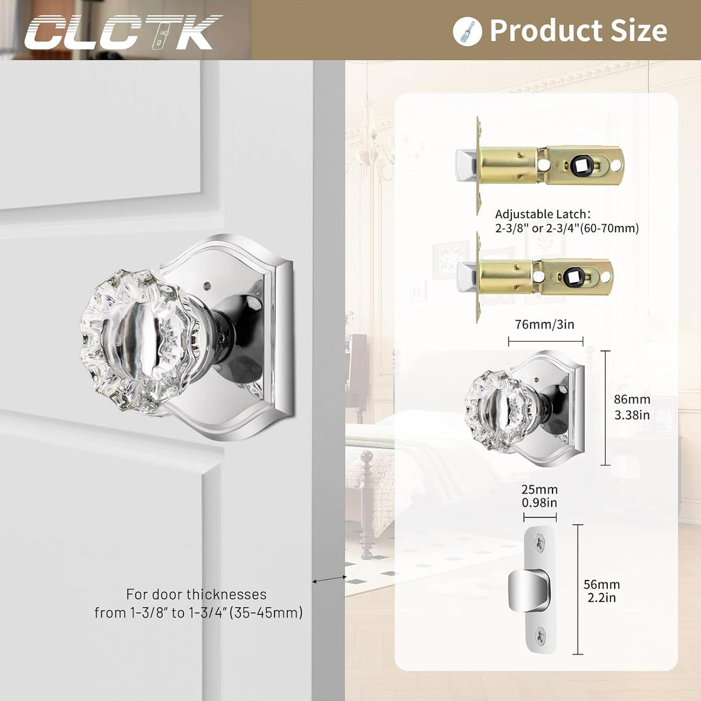 Glass Door Knobs Interior with Lock, Crystal Privacy Polished Chrome Door Knobs Bathroom, 1 Pack