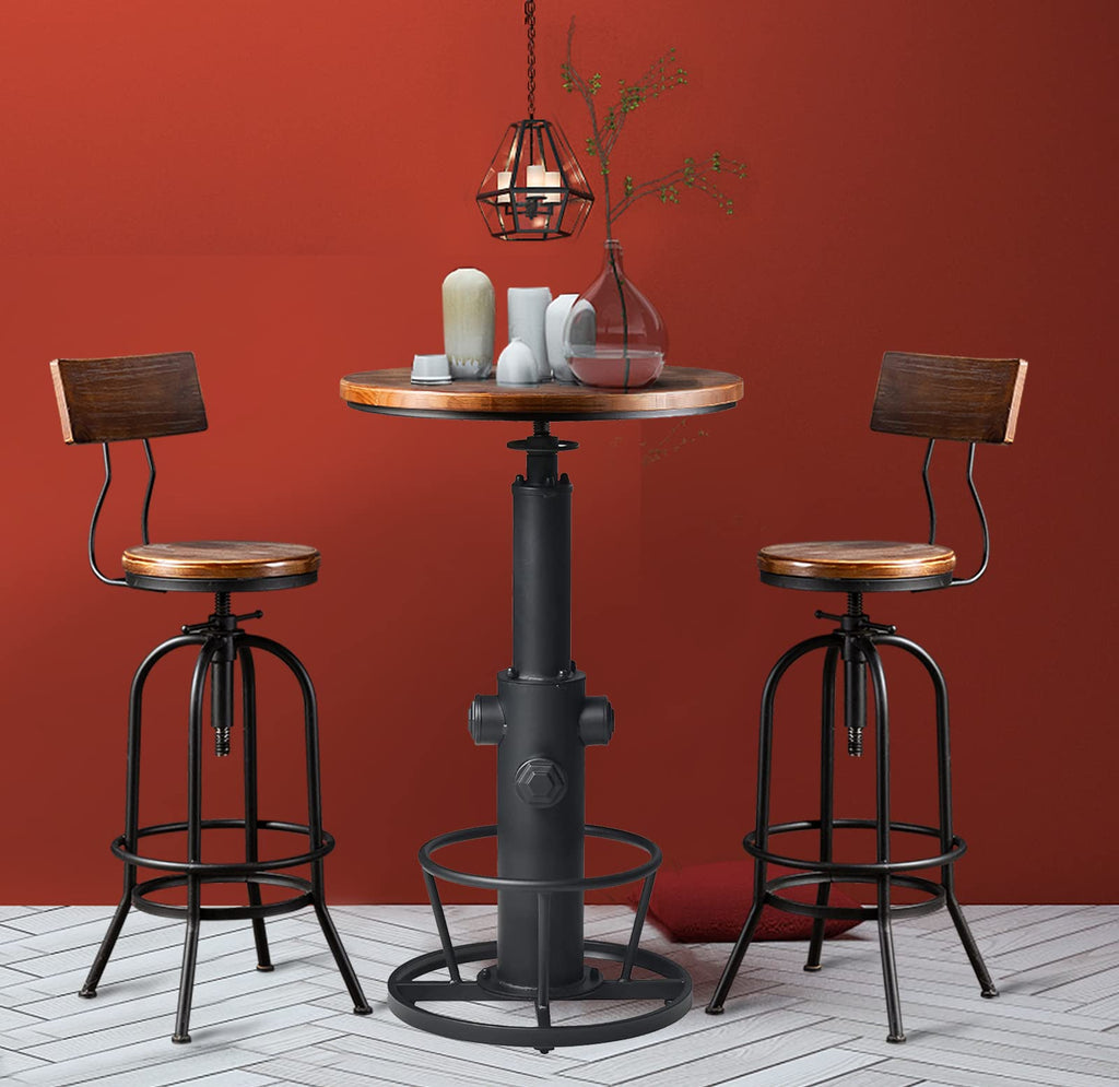 3-Piece Bar Height Table & Stools Sets for Cocktail Bistro Home Pub Party, Weld Metal Legs Round Wood Top, Rustic