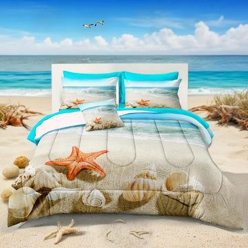 Beach Themed Comforter Set - Sheets, Starfish Sea Life Printed - Women's Adult Coastal Bedding - Aqua
