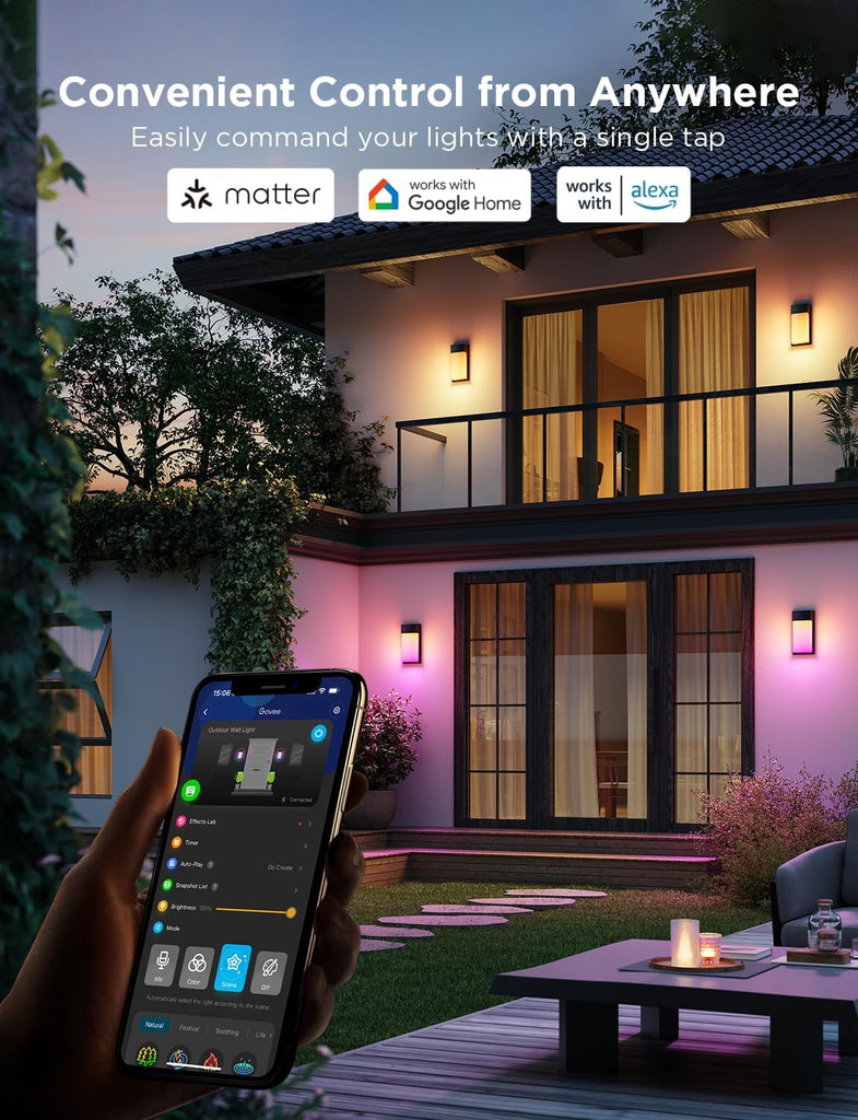 Outdoor Wall Light, 2 Pack, 1500LM Smart RGBIC Porch Lights Outdoor with 45 Scene Modes