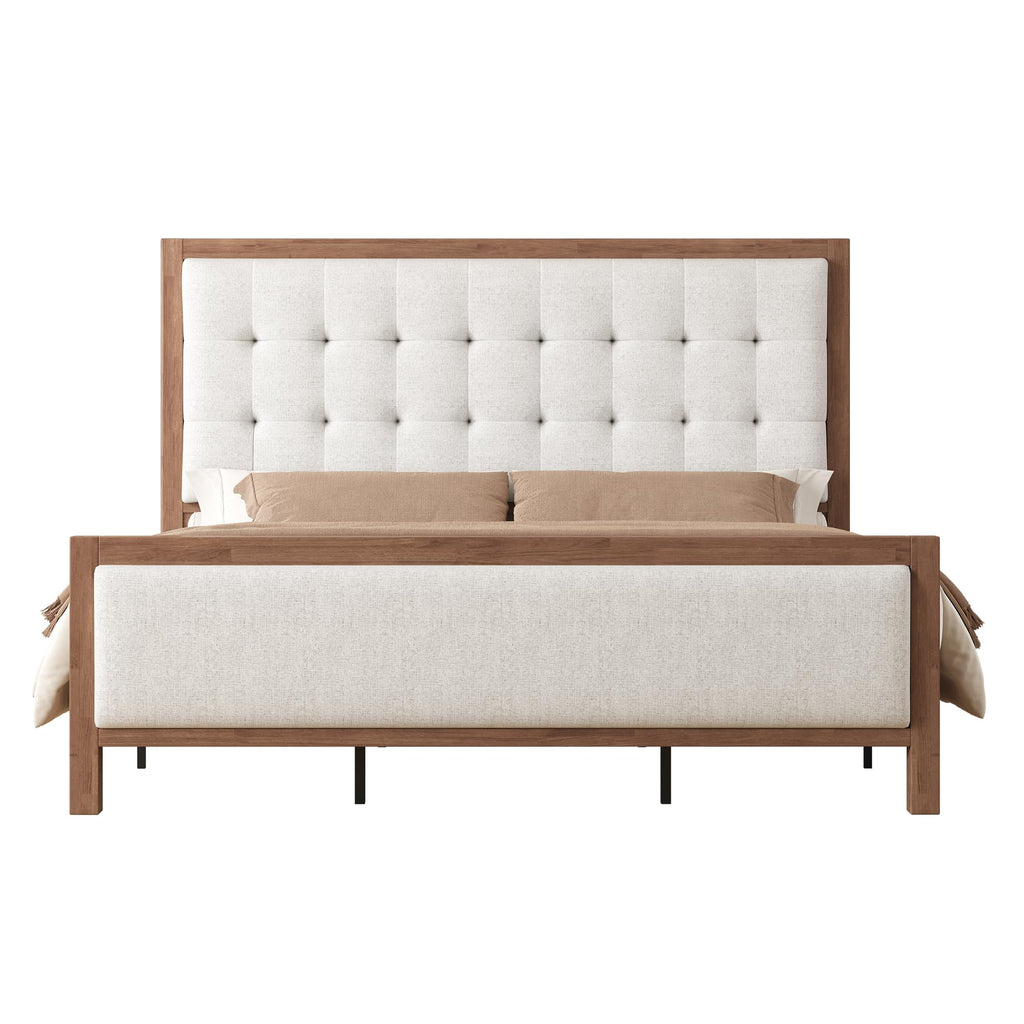 King Solid Wood Bed Frame 50" Tall Headboard&Footboard, Walnut