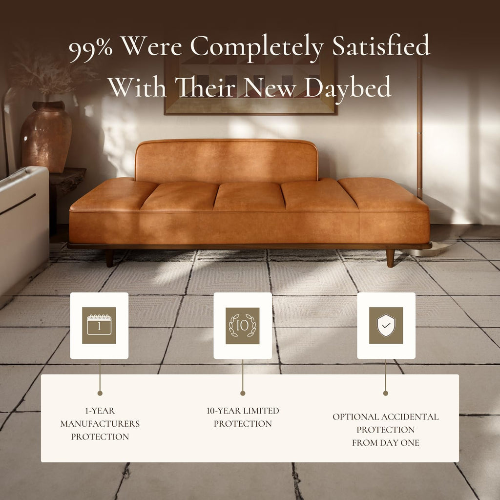 Jasper Daybed - Cognac Tan - Full-Grain Pure-Aniline Leather Upholstery - Walnut-Stained Ash Wood Frame, 6.6 Feet
