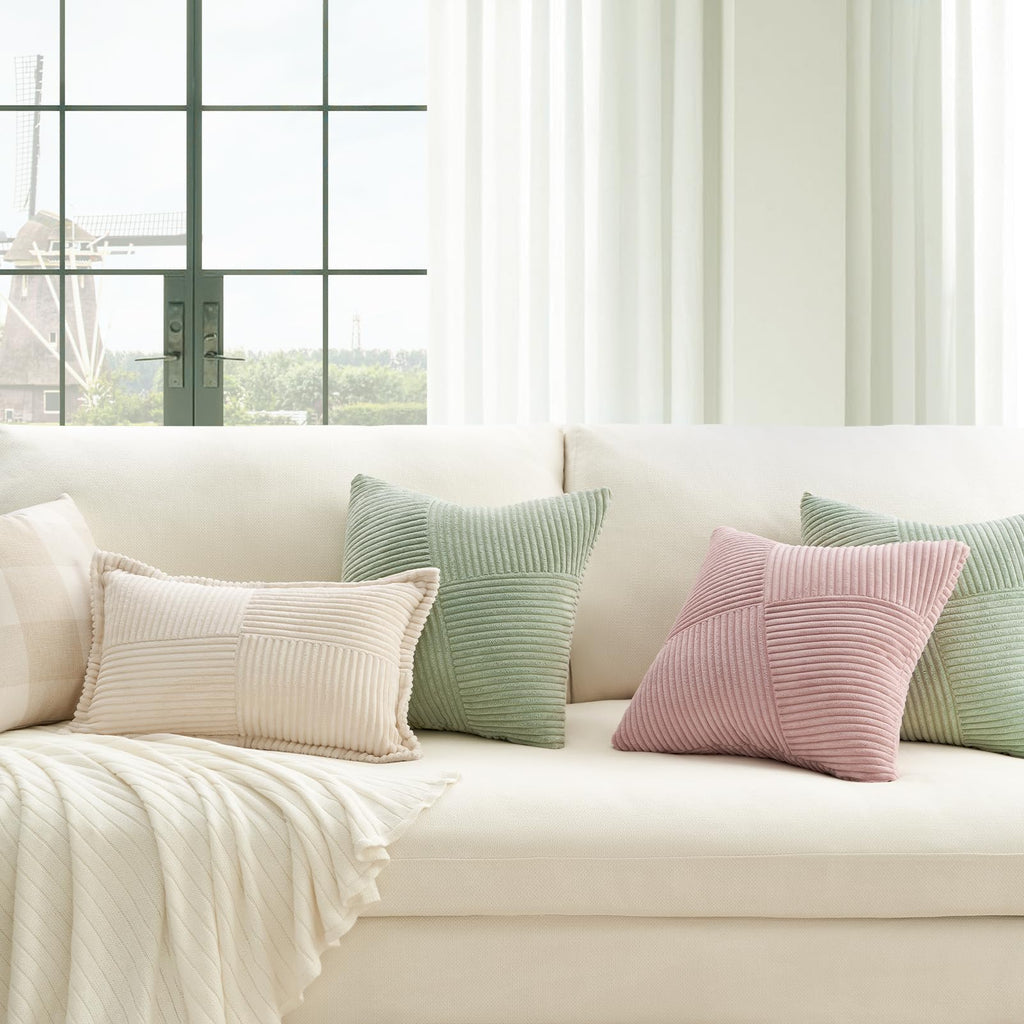 Decorative SageGreen Throw Pillow Covers 22x22 Inch, Soft Corduroy Pillow Covers Textured Striped Patchwork Cushion