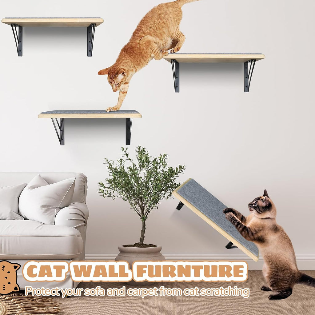 Burlywood Cat Shelves: Set of 4 Wood Cat Furniture Indoors - Climbing Shelf with Wall Mounted Scratching Pad &