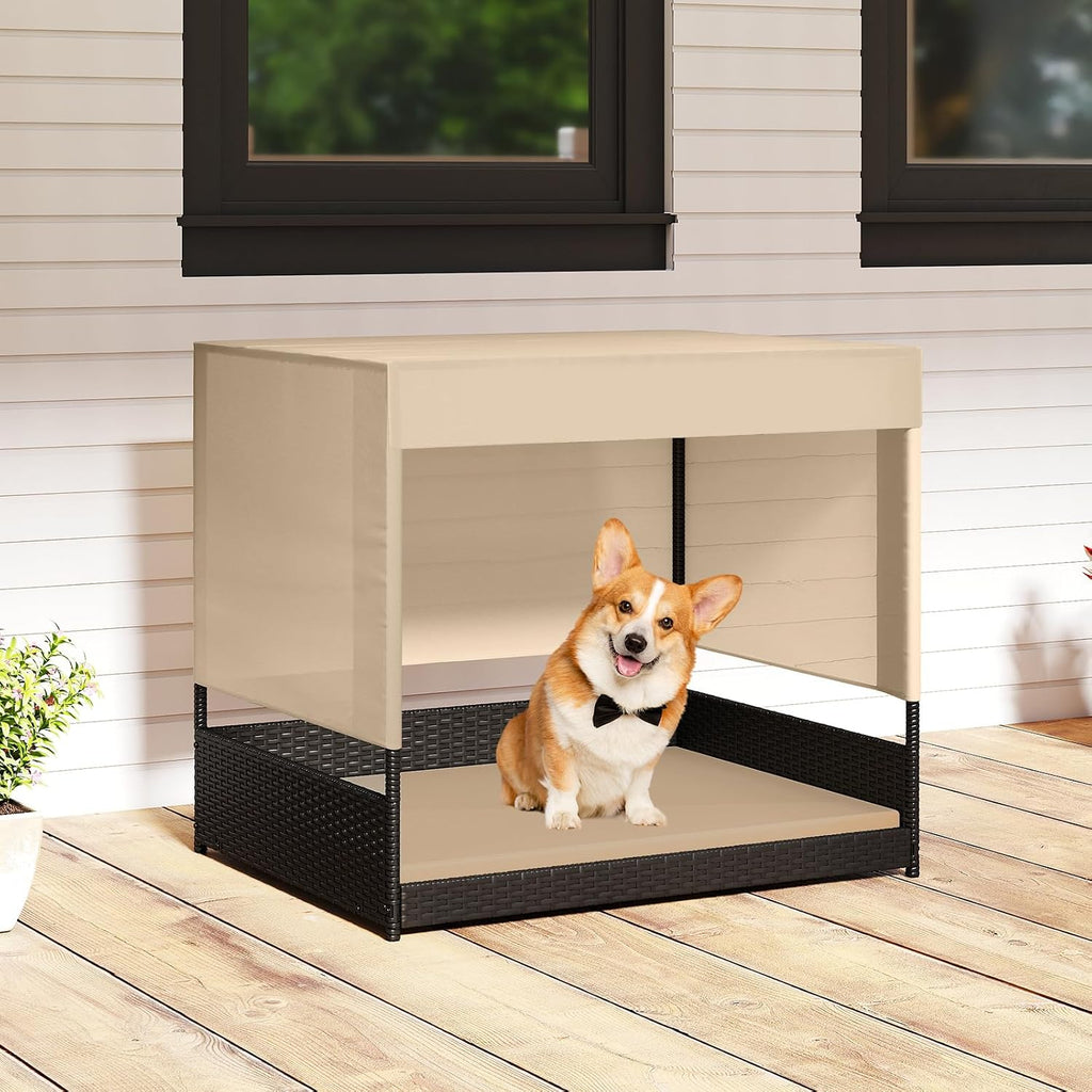 Elevated Wicker Dog House for Small to Medium Breeds, Raised Rattan Pet Sofa Bed with Removable Cushion, Canopy Roof