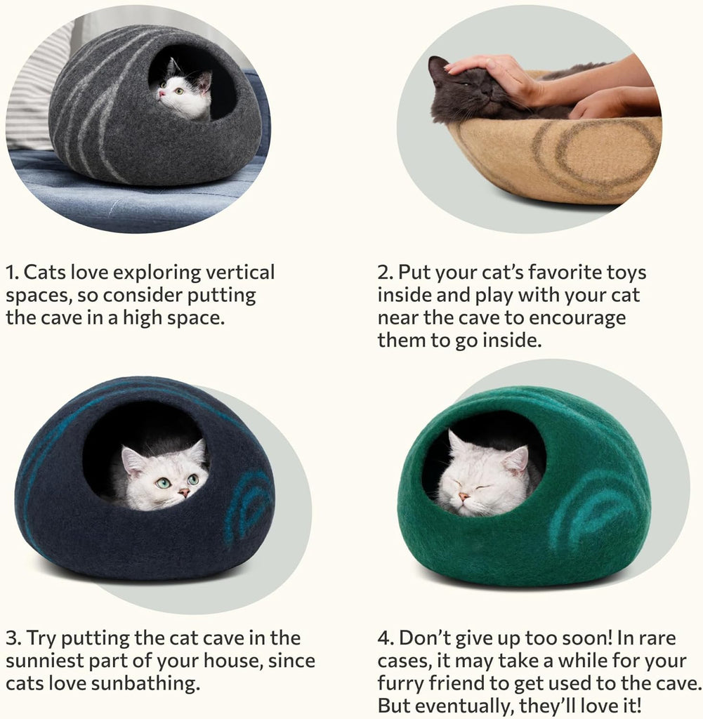 Cat Cave - Premium Felt Cat Bed for Indoor Cats, Handmade Merino Wool (Light Grey, Medium)