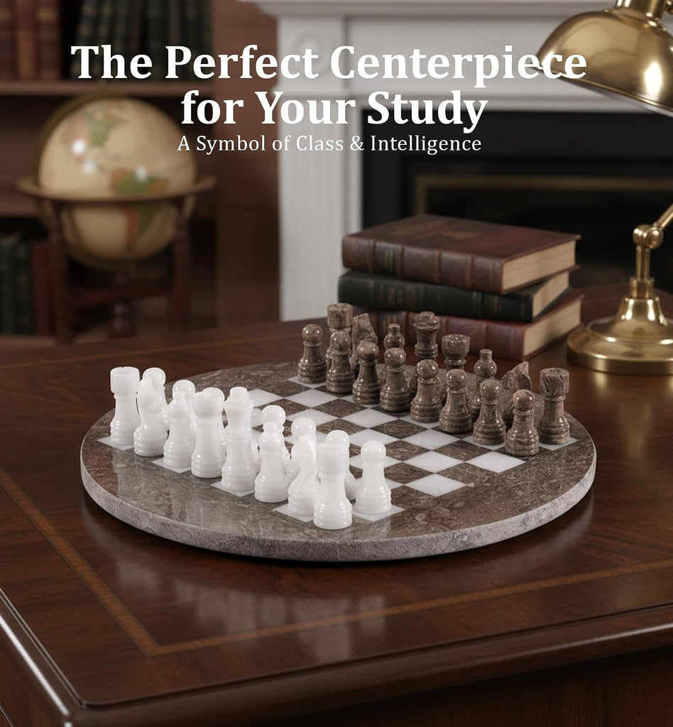 Marble Chess Set with Complementary Storage Box & Extra Queens, 12 Inch Oceanic & White Handmade Chess Board Game
