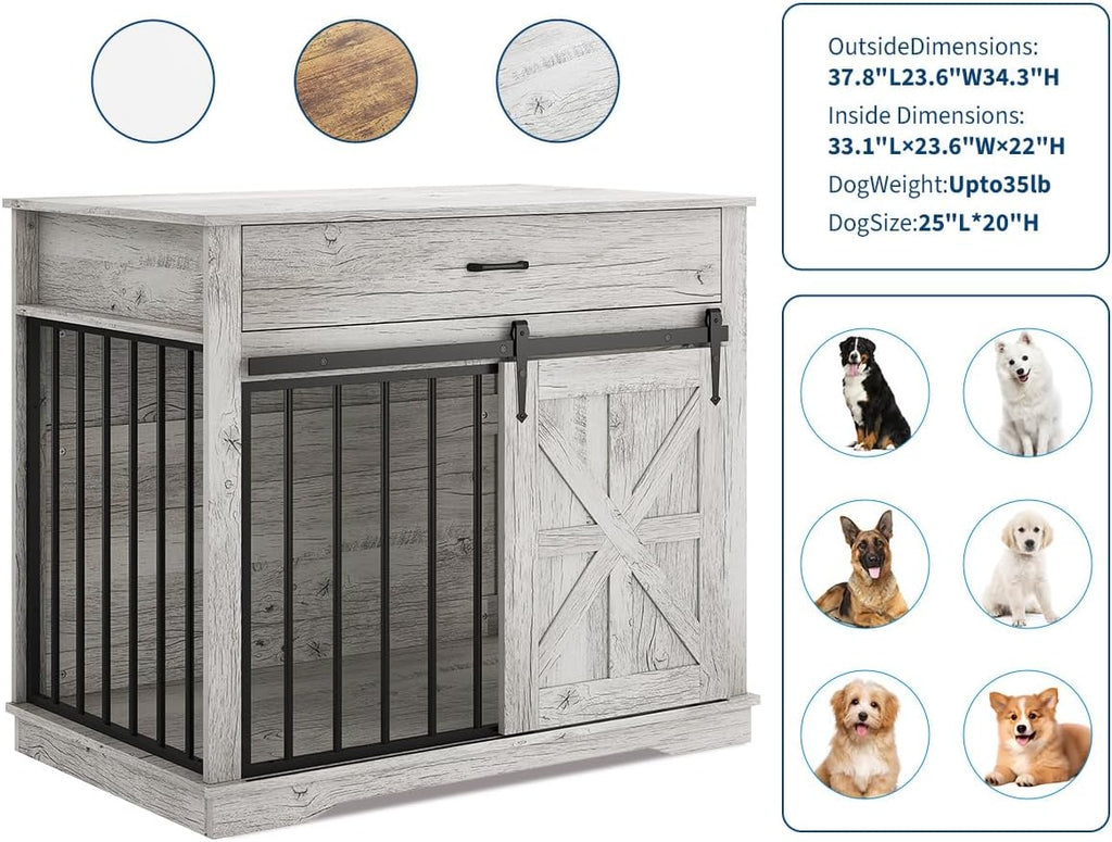 Dog Crate Furniture for Dogs, Farmhouse Style 2-in-1 Dog Crate with Sliding Barn Door, Dual