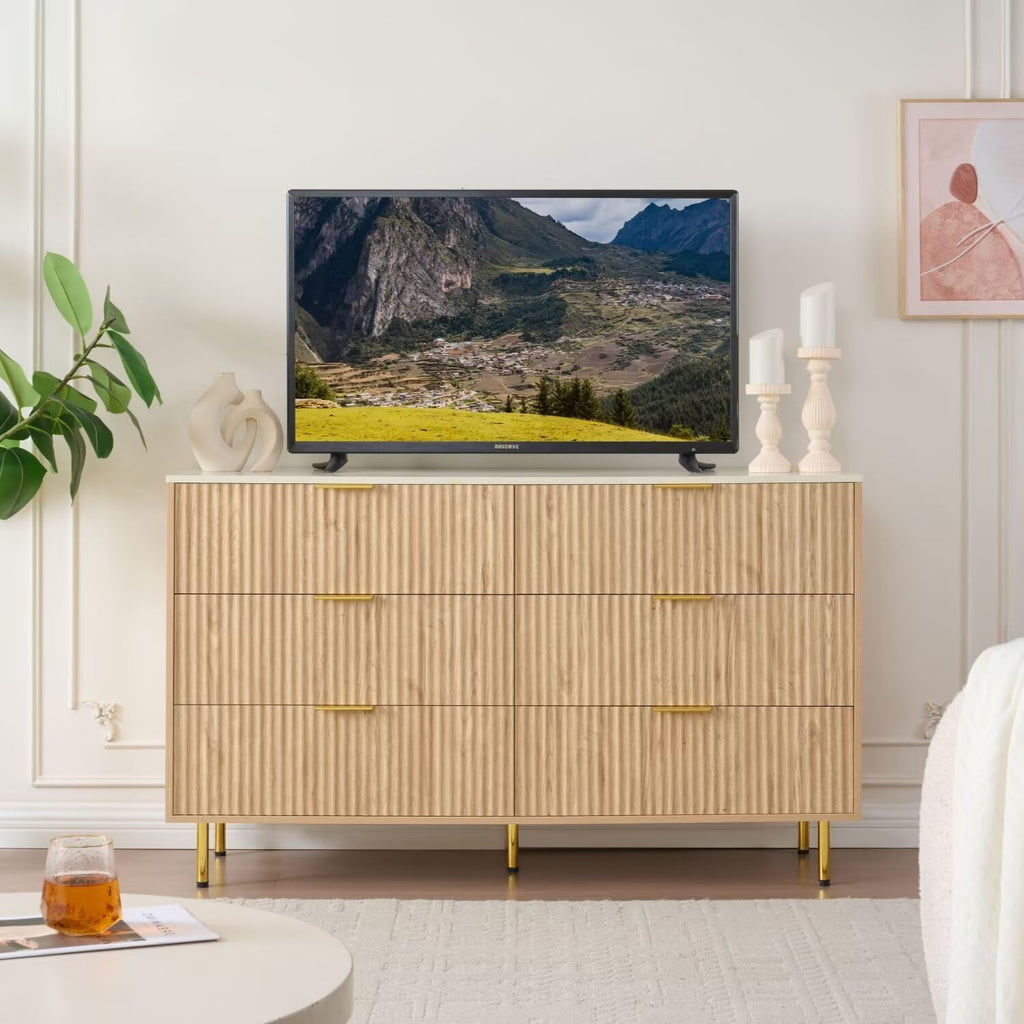 Faux Marble Top 56" Wide 6 Drawers Dresser with Gold Handle, Oak