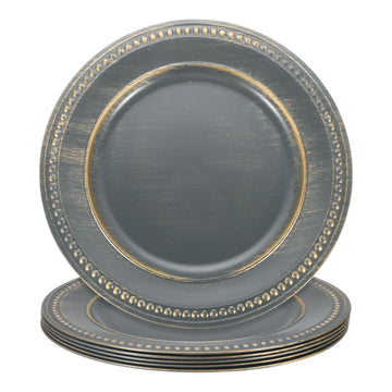 6pcs Vintage Charger Plates Bulk, 13 Inch Plastic Beaded Chargers for Dinner Plates Set Round Plate Charger for