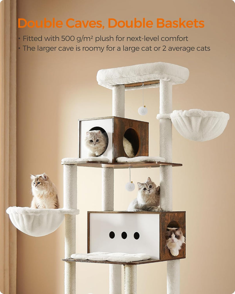 Cat Tree, 75.6-Inch Multi-Level Condo with 2 Caves, 2 Hammocks