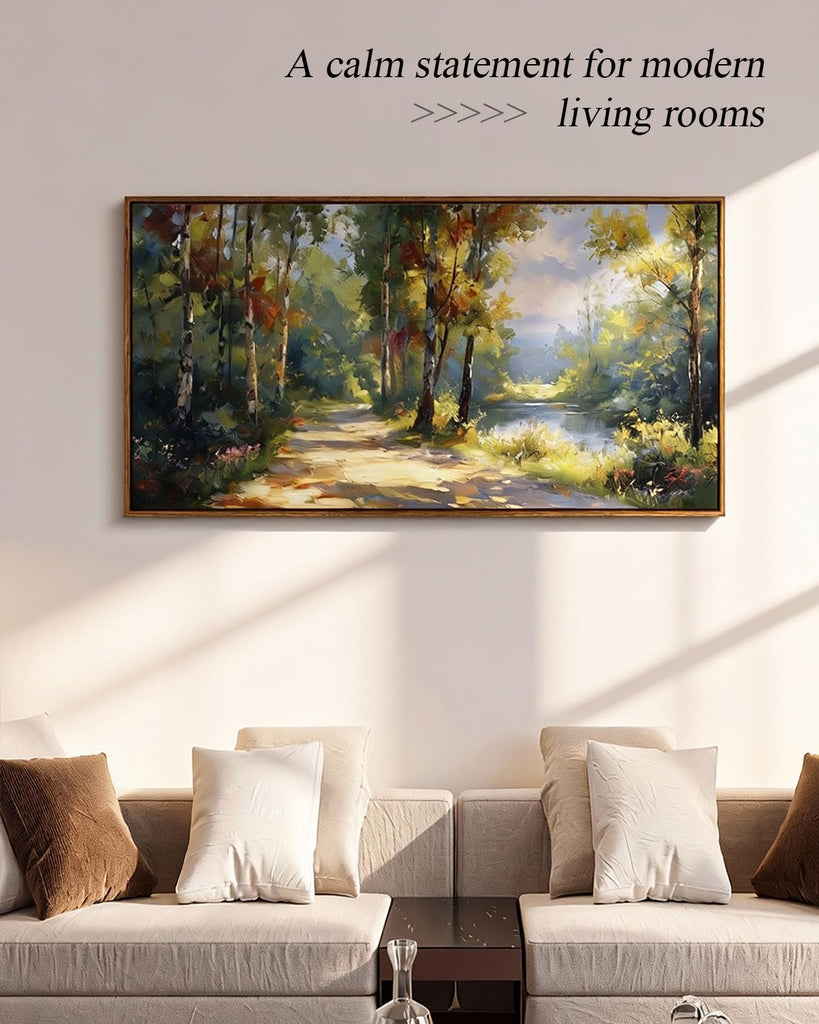 Large Landscape Wall Art, Nature Birch Tree Path Painting 20×40 in