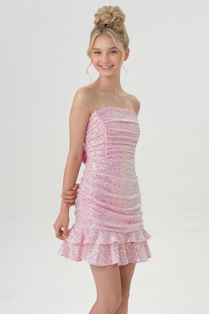 Tween Teen Sequin Strapless Tie Back Bow Ruched Bodycon Mini Party Dress