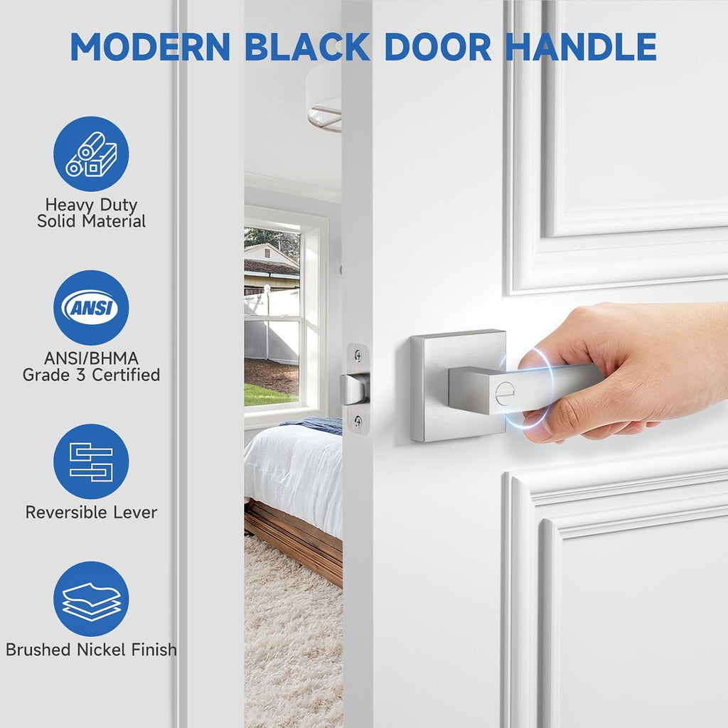 3 Pack Privacy Square Brushed Nickel Door Handles, Interior Keyless Door Knobs /Bathroom, Reversible for Left & Right