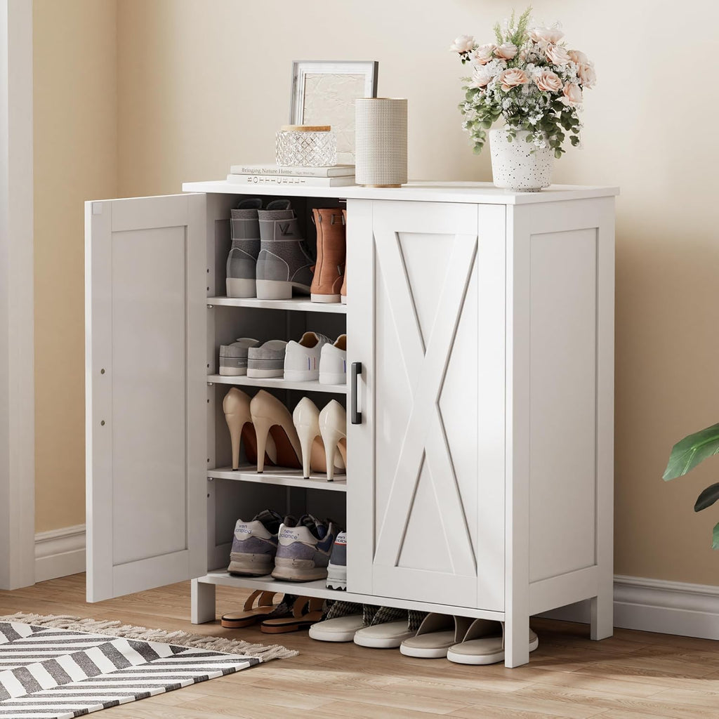 Farmhouse Shoe Cabinet with 2 Barn Doors & Wood Legs, 5-Tier Shoe Storage Cabinet with 3 Adjustable Shelves, Tall