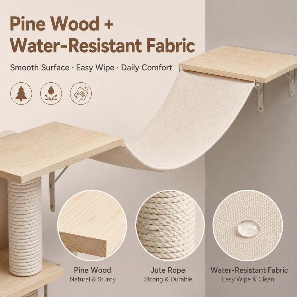 Real Wood Cat Wall Shelves with Waterproof Fabric- Sturdy Wall Mounted Cat Shelf & Climber, Floating Wood Cat Perch