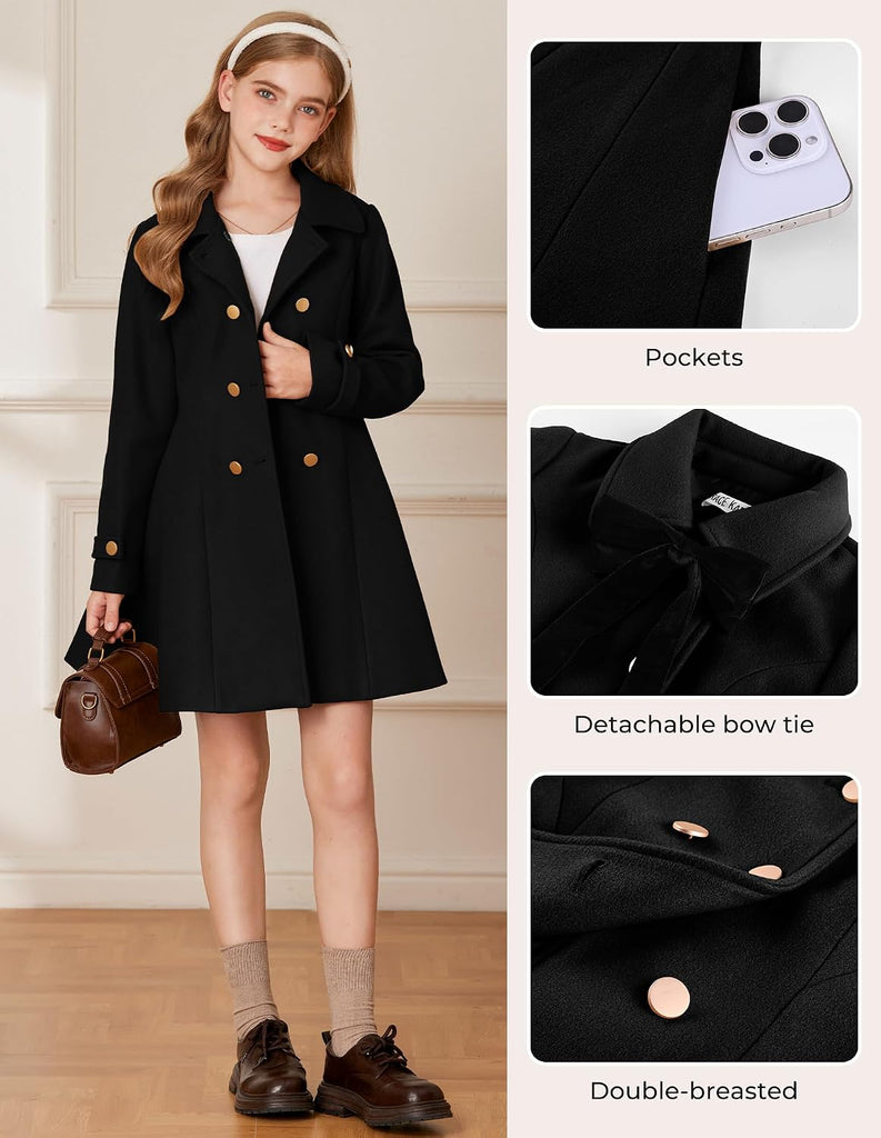 Girls Dress Coat Fall Winter Double Breasted Peacoat Bow Pocket