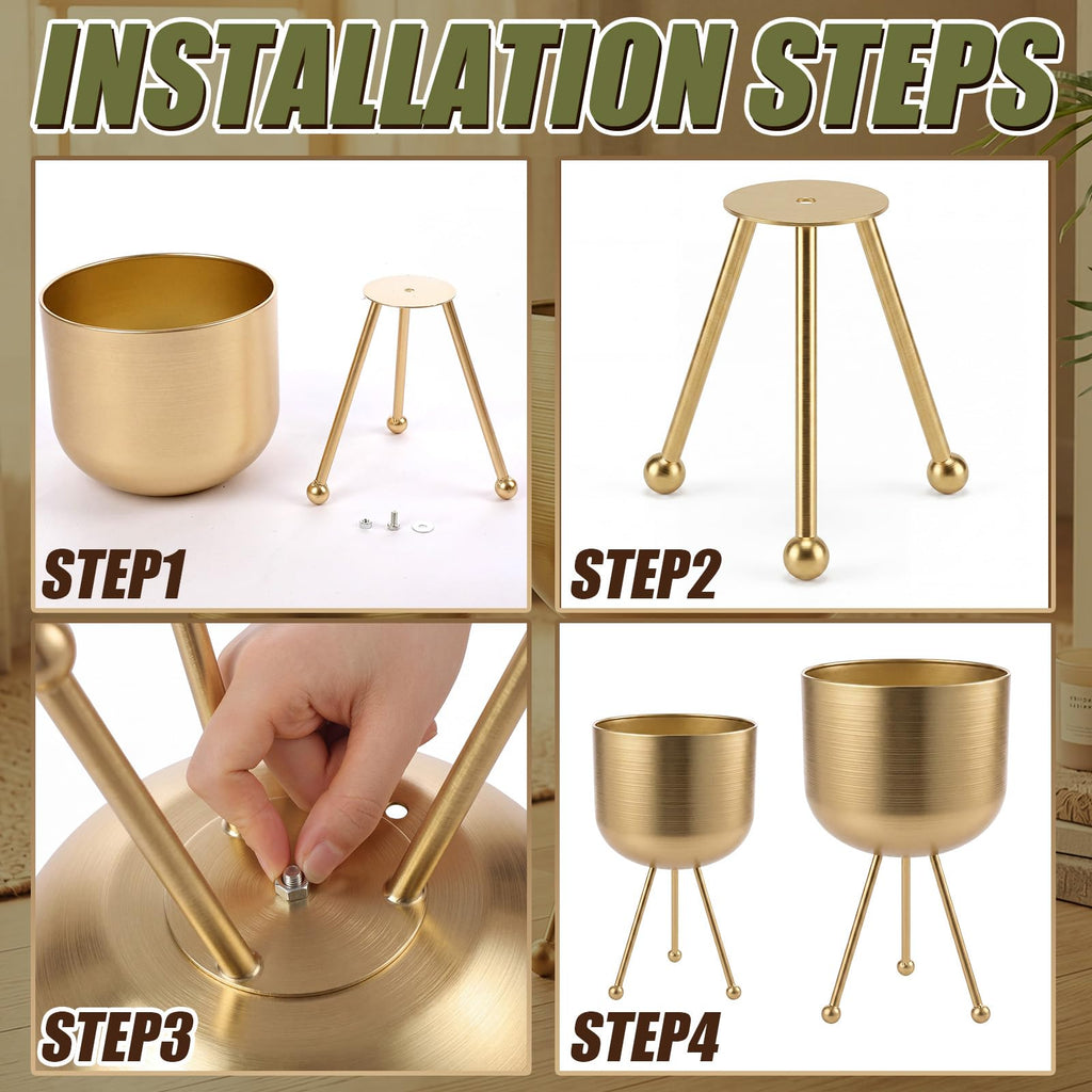 2 Pack Mid Century Modern Metal Planter with Stand, Gold