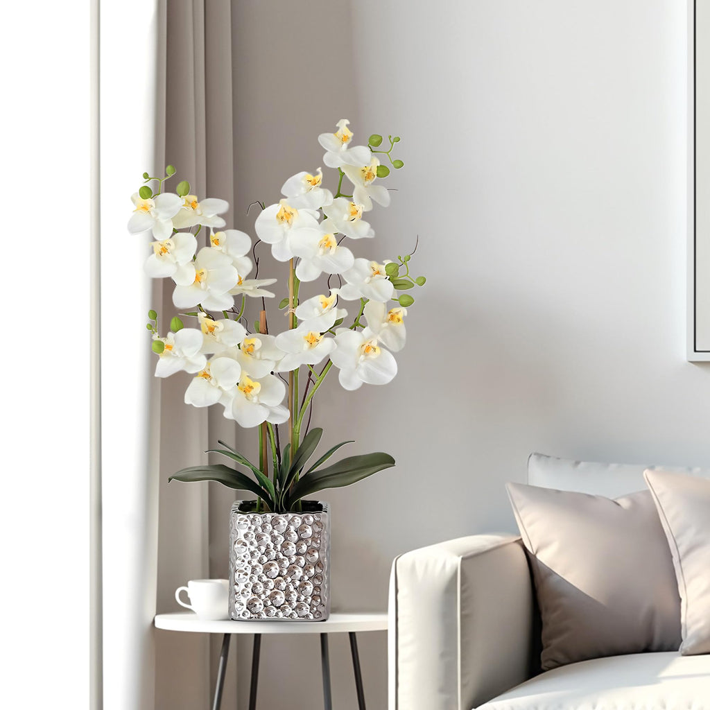 Orchid Artificial Flowers with Sliver Vase Large Silk Faux Phalaenopsis Flowers Table Floral Centerpieces Indoor