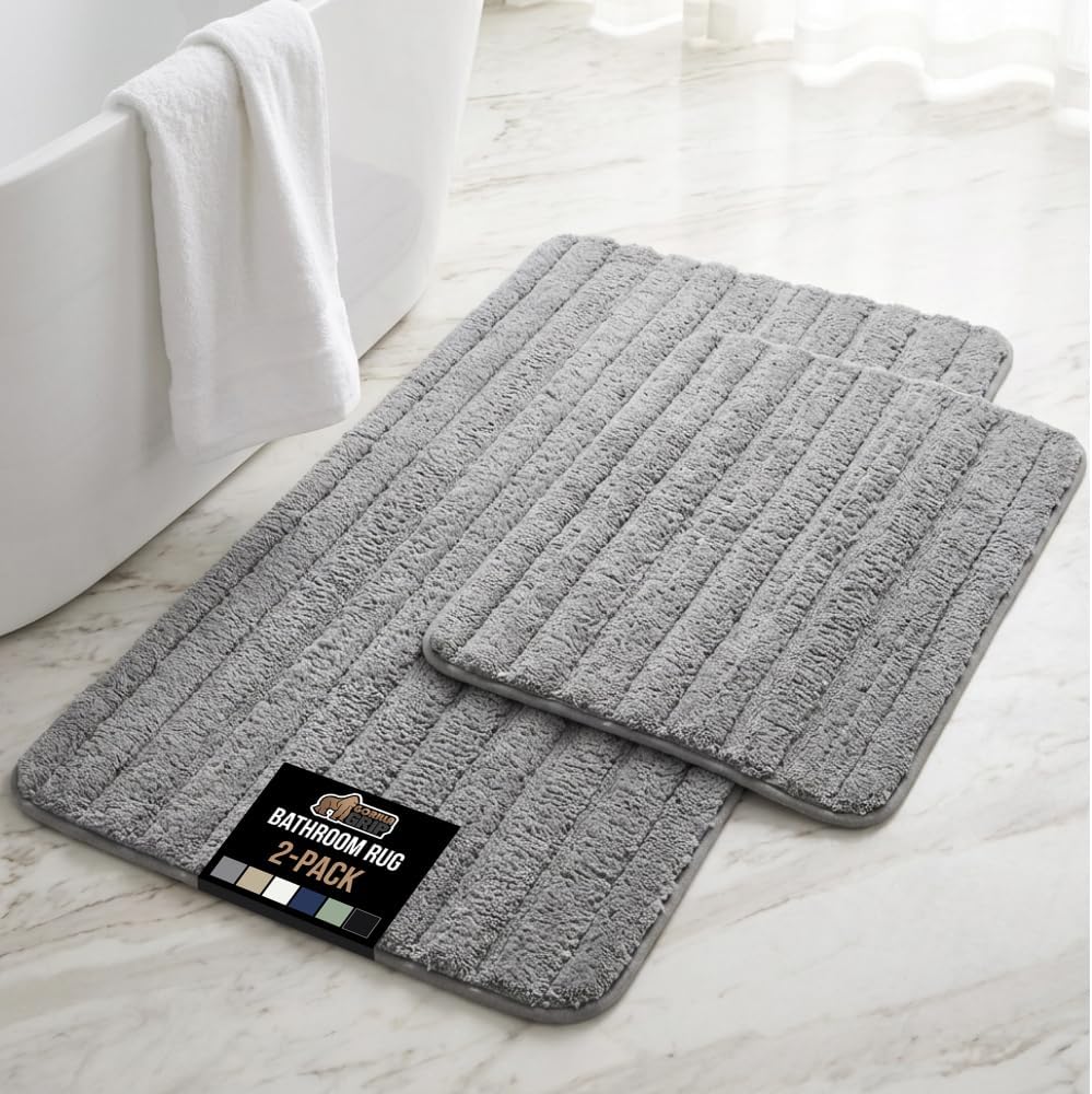 Memory Foam Bathroom Rugs, Soft Absorbent Textured Rubber Backing Striped Bath Mat, Set of 2 Machine Washable Quick