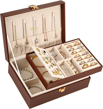 2 Layer Jewelry Box Organizer with Removable Tray, Vintage Gift, Coffee