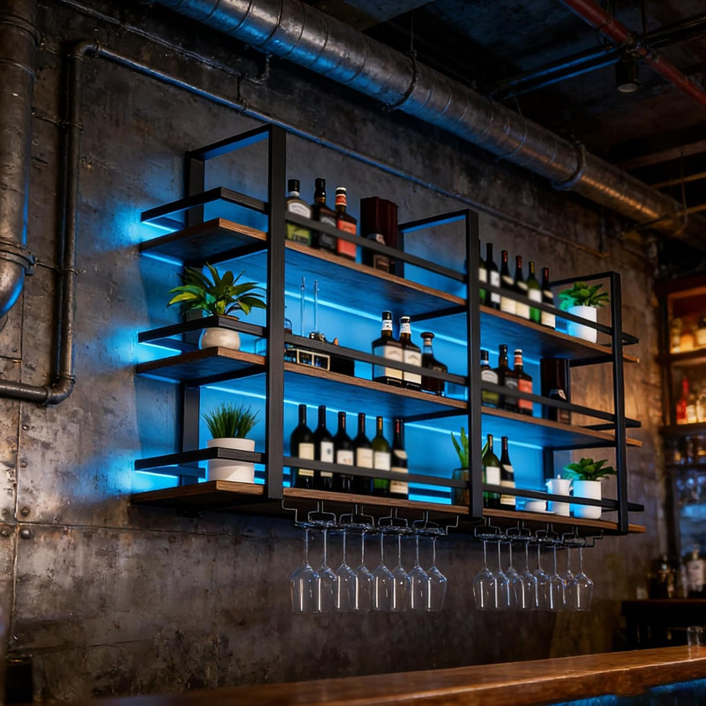Wine Rack Wall Mounted with LED Lights, 3 Tier Metal Liquor Floating Display Shelves, with Wine Glass Rack, Iron &