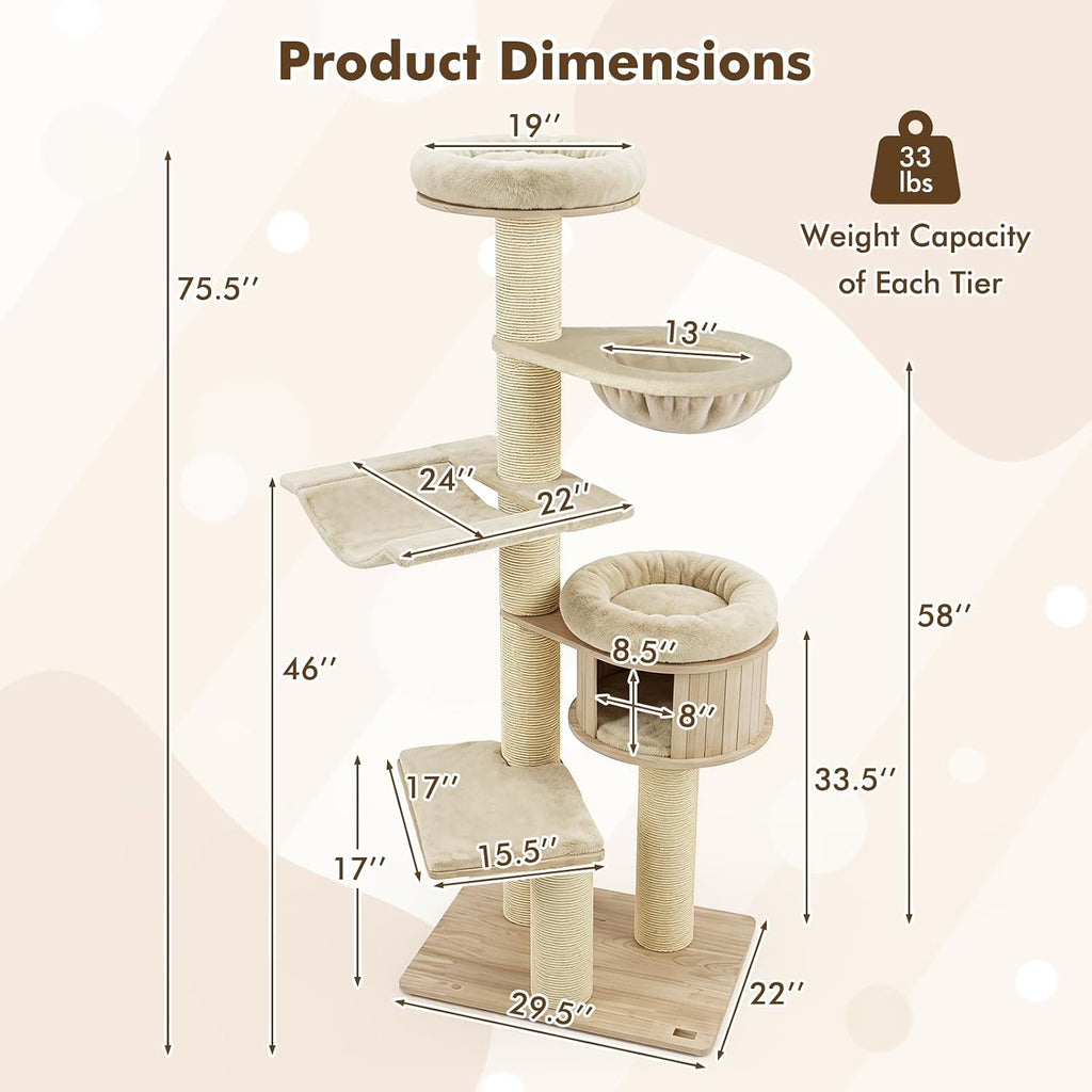 75.5-inch Tall Wooden Cat Tree, Multi-Level Modern Cat Tower, Beige