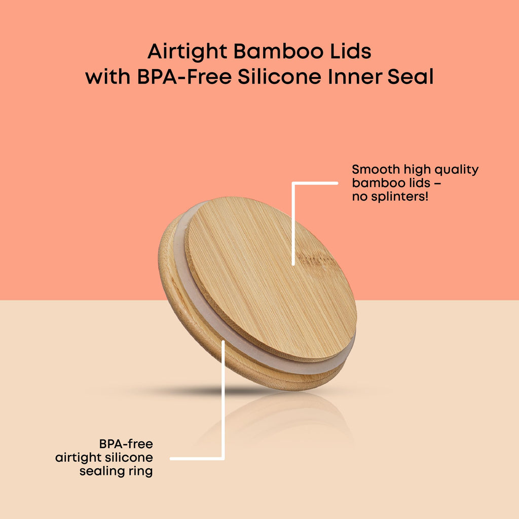 Borosilicate Glass Jars With Bamboo Lids. 6 Pc Set of Air Tight Sealable Containers. Food Jar Canisters with Airtight