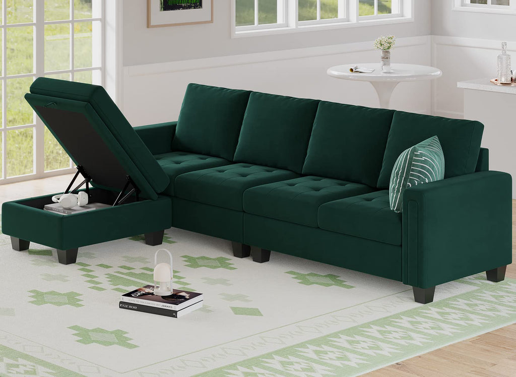 Velvet Reversible Sectional Sofa with Chaise Convertible L Shaped 4-seat Sectional Couch with Storage Ottoman Green