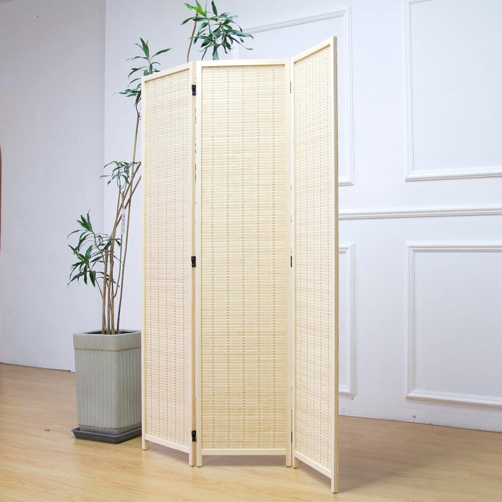 3 Panel Room Divider and Folding Panel Screen, Bamboo Panel Divider Screen for Room Separation, Beige, 67" H x 46" W