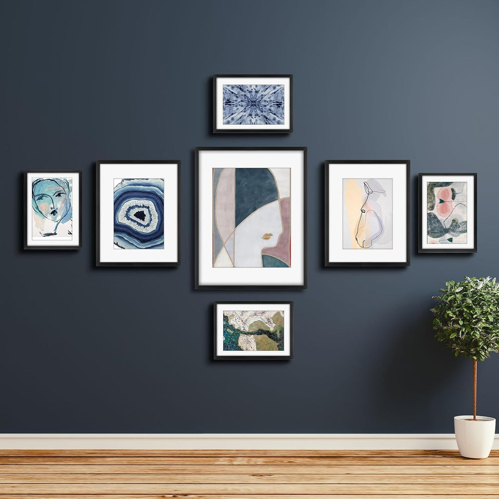 7 Pack Aluminum Picture Frame with Mat for Gallery Wall, Black | Set includes one 11x14, two 8x10, four 5x7 frames