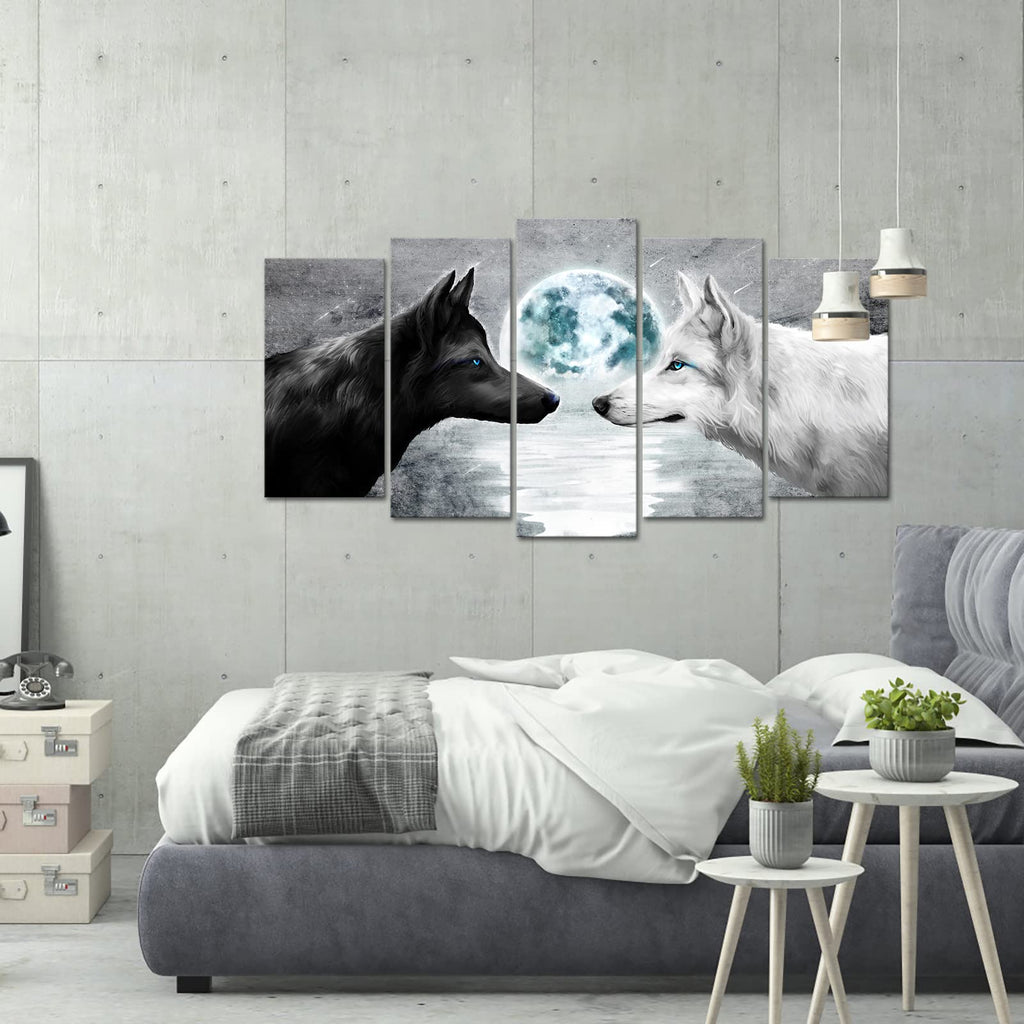 5 Pieces Black and White Wolves Painting Grey Blue Full Moon Seascape Picture Canvas Prints Gallery Wrapped Artwork