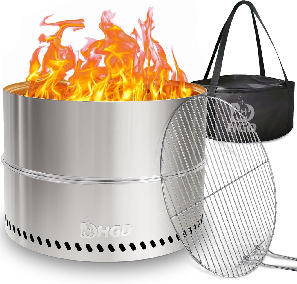 20 Inch Smokeless Firepit with Grill, Portable Wood Burning Fire Pit for Camping & Backyard