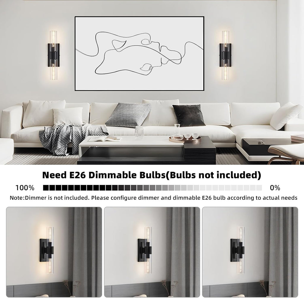Black Wall Sconces Set of Two,Modern Bathroom Light Fixtures,2-Light Sconces Wall Lighting with Thickened Tempered
