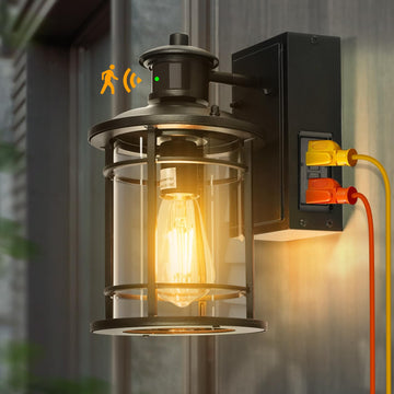 Retro Industrial Black Outdoor Wall Lights with GFCI Outlet - Dusk to Dawn & Motion Sensor Porch Light, 3 Modes