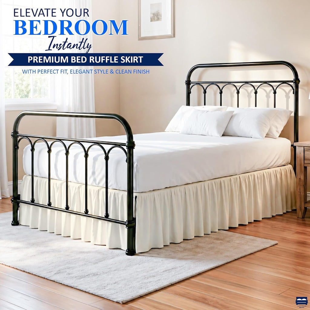 Ruffled Bed Skirt Queen 15-Inch Drop with Split Corners, Ivory | 100% Microfiber Bed Skirts - Soft and Stylish Dust