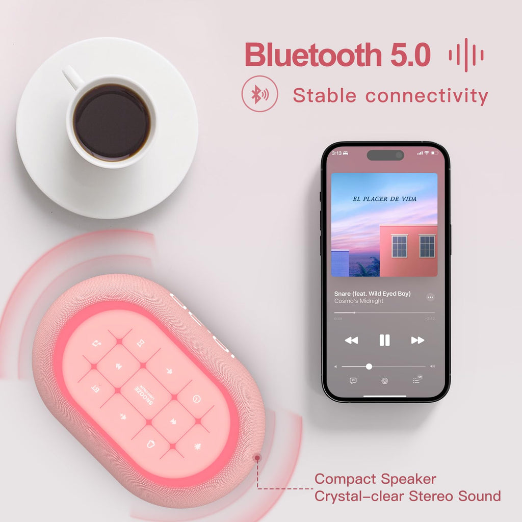 White Noise Sound Machine Alarm Clock with Bluetooth Speaker, Hi-Fi Stereo Sound, 21 /7 Night Lights, 0-100%