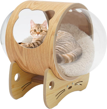Wooden Cat Bed Capsule, Cat House Space Capsule with Cushion, Modern Pet Bed House Spaceship Space Capsule (23.6 *